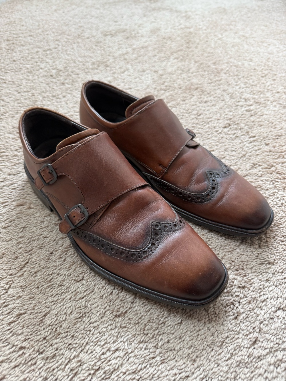 Ecco Brown Leather Double Monk Wingtip Oxfords